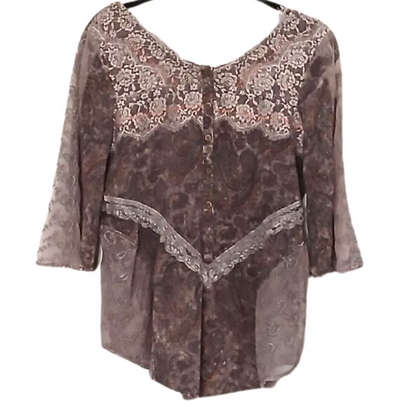 BKE Gimmike Lace Embroidered Boho Tunic Women Medium Purple 3/4 Sleeves V Neck - Picture 2 of 6